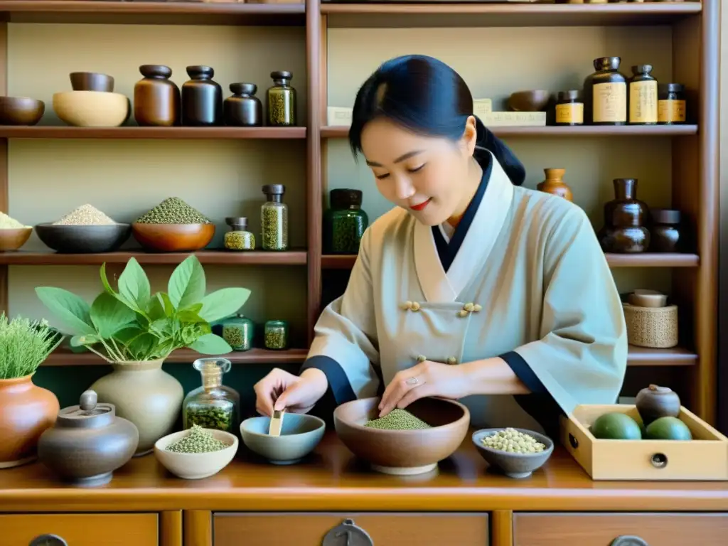 Prácticas de medicina tradicional coreana y acupuntura china representadas en una ilustración vintage detallada