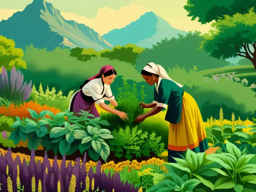 Prácticas medicina tradicional: ilustración vintage de recolección de hierbas en jardín exuberante y vibrante, con reverencia a la tierra