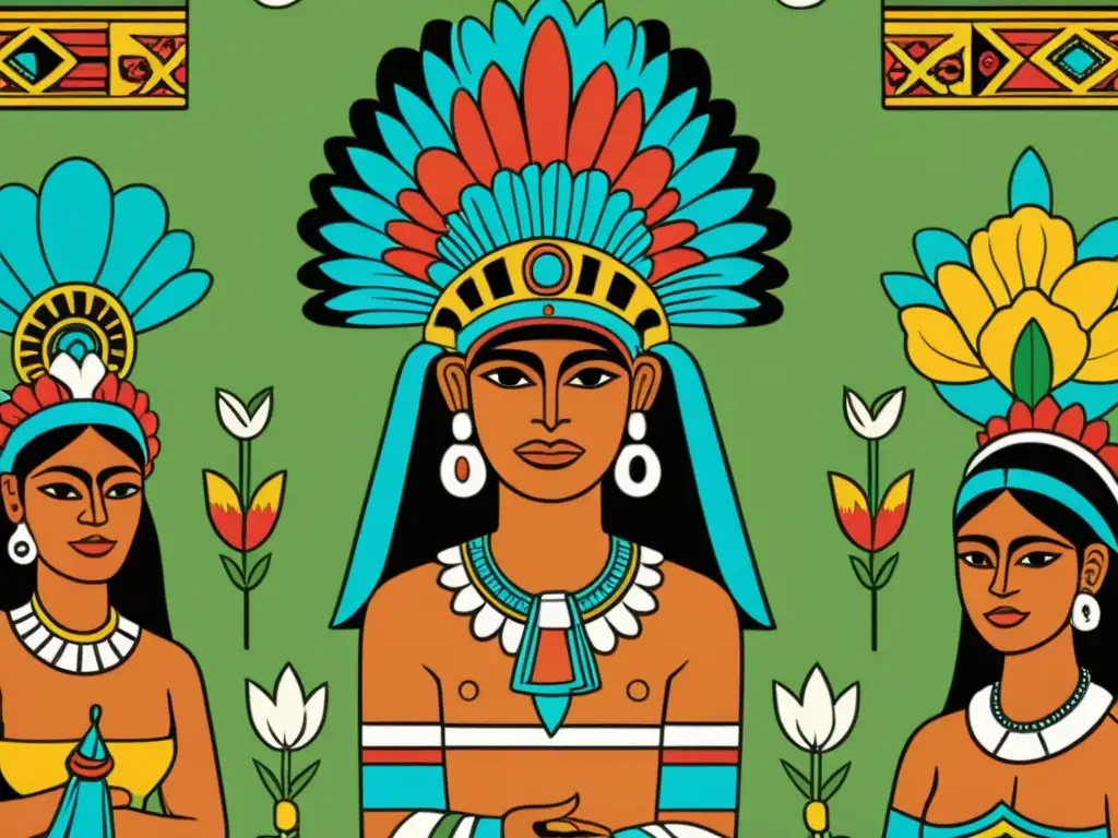 Ilustración vintage de prácticas medicinales aztecas y Tlaloc, con curanderos, mercado vibrante y deidades