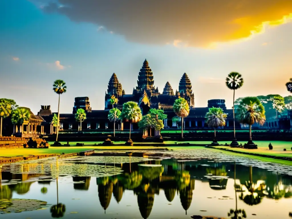 Prácticas de sanación en Angkor: Ruinas de Angkor Wat al amanecer, con reflejos en el agua y exuberante vegetación