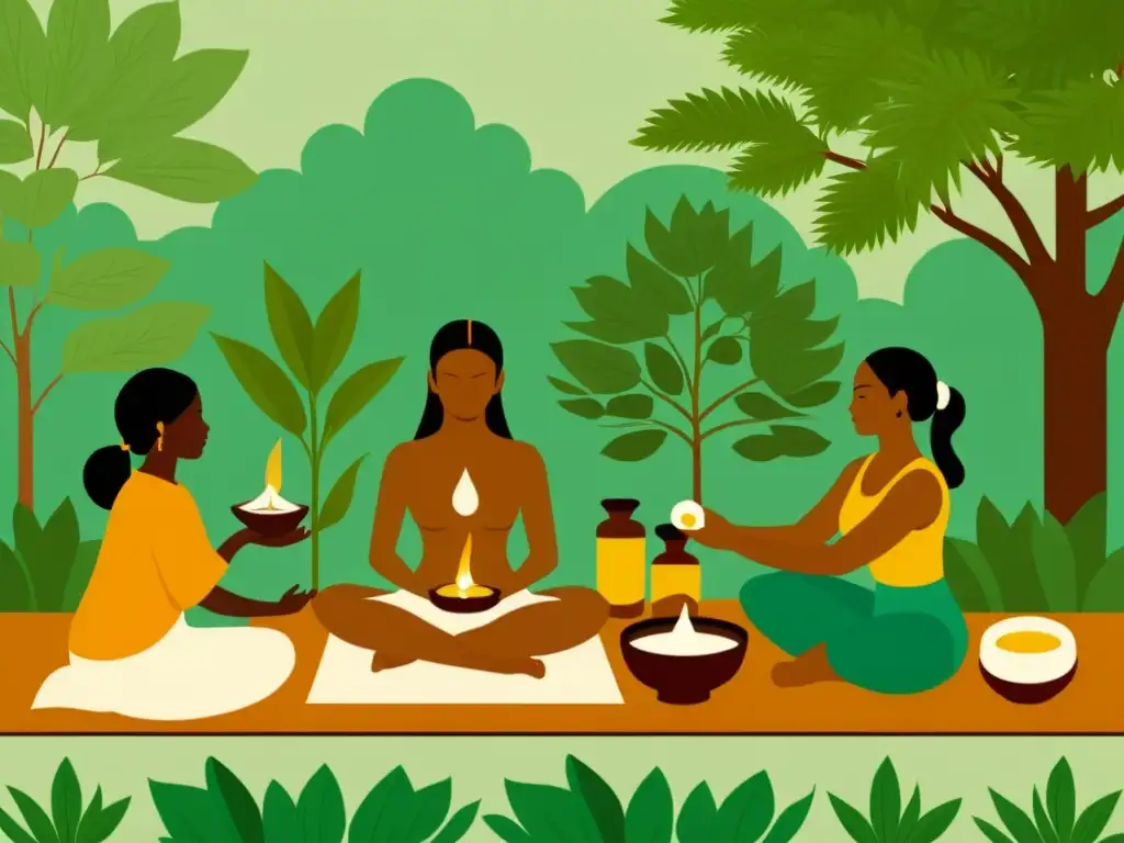 Prácticas tradicionales de Ayurveda en un exuberante jardín botánico