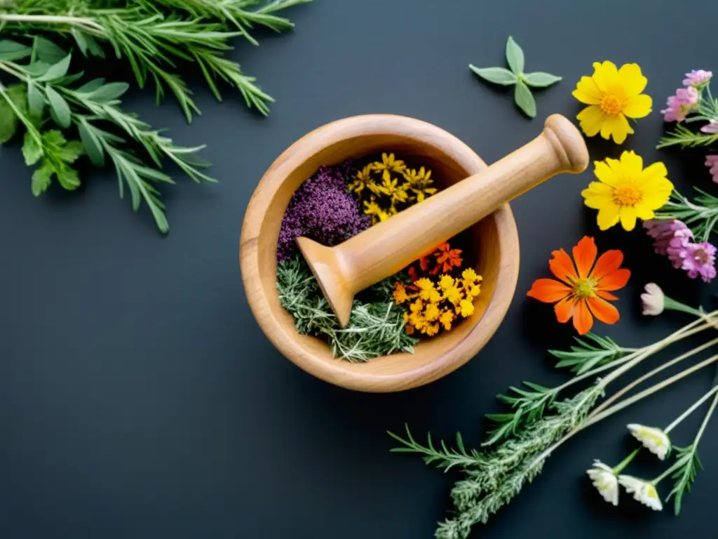 Preparación de remedios naturales con hierbas: imagen vintage de un mortero y mano de mortero de madera rústica rodeados de hierbas y flores secas coloridas