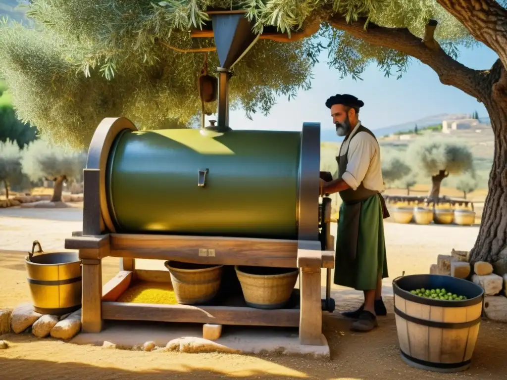 La preservación de aceites esenciales tradicionales cobra vida en una antigua prensa de aceite en un paisaje mediterráneo