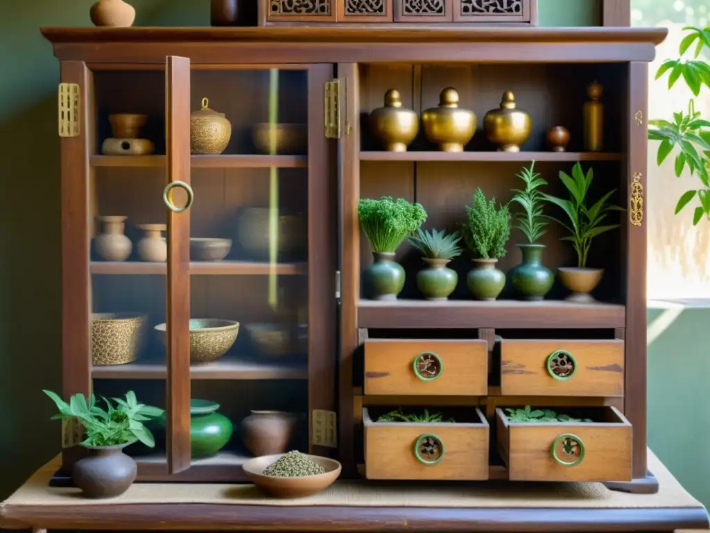 Principios de dermatología en medicina tradicional china: antiguo gabinete de hierbas chinas con diseño tallado en madera, bañado por luz dorada