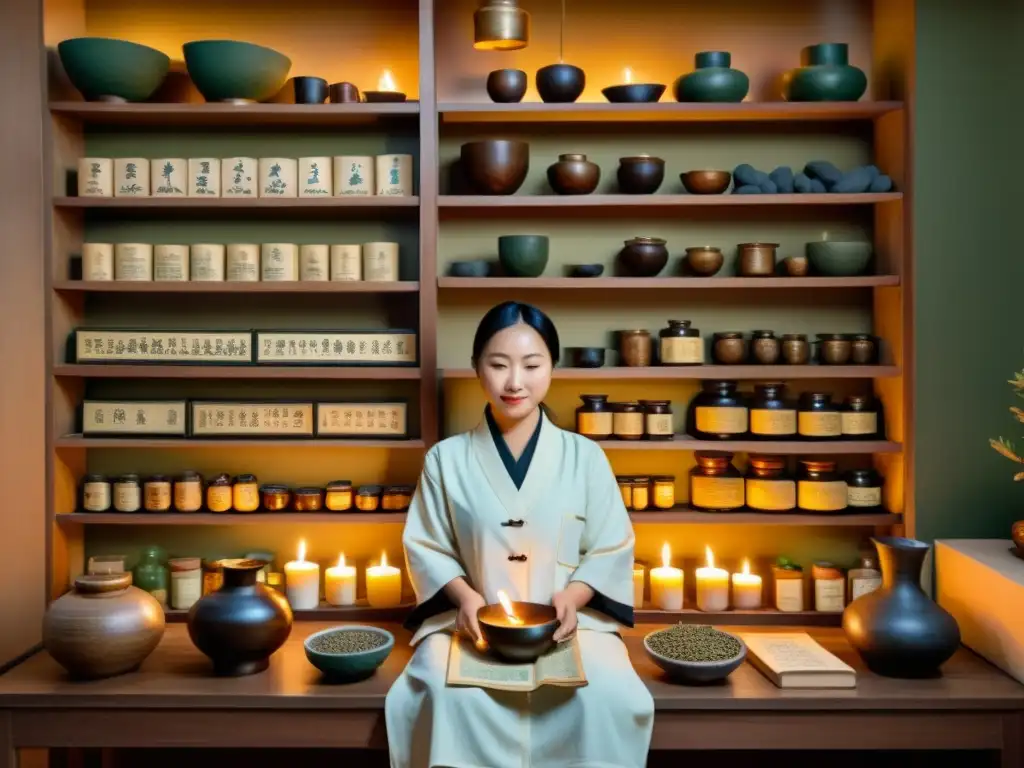 Principios medicina Unani Tradicional China: Ilustración vintage de médicos tradicionales frente a estantes de hierbas y textos antiguos