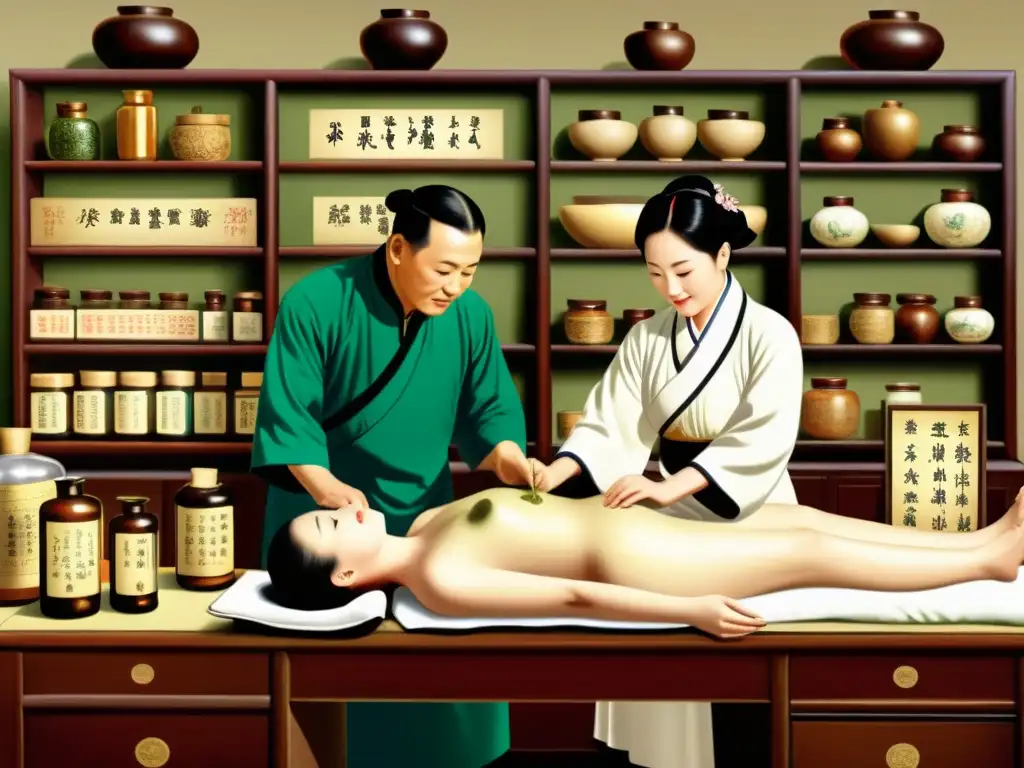 Principios de la medicina tradicional china en dermatología: ilustración vintage de médicos chinos examinando a un paciente