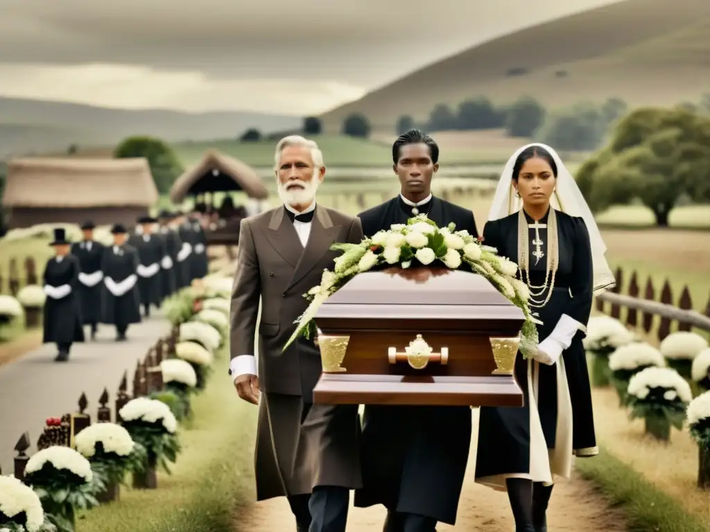 Una procesión funeraria tradicional en un entorno rural, evocando rituales funerarios en medicina tradicional