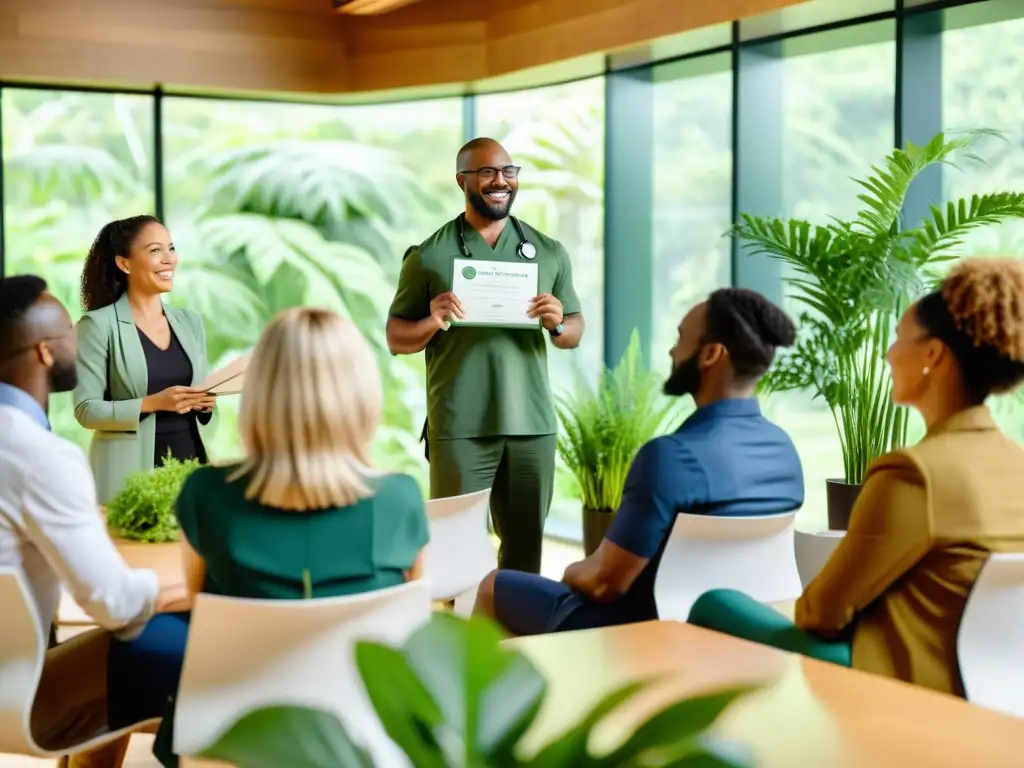 Profesionales de medicina naturopática intercambian certificaciones en una conferencia, creando un ambiente sereno y profesional