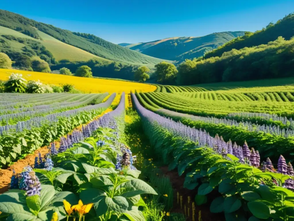 Un próspero cultivo de hierbas rodeado de colinas y bosques