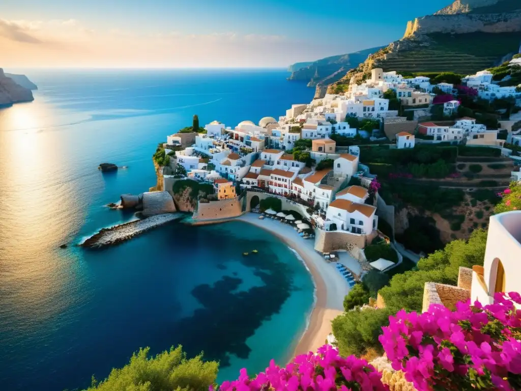 Un pueblo mediterráneo tradicional en un acantilado con vista al mar azul