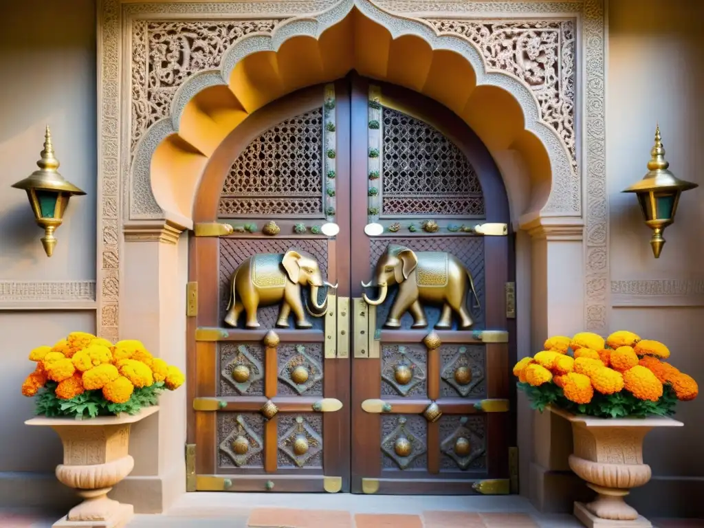 Una puerta vintage de madera tallada con detalles tradicionales indios, decorada con guirnaldas de caléndulas