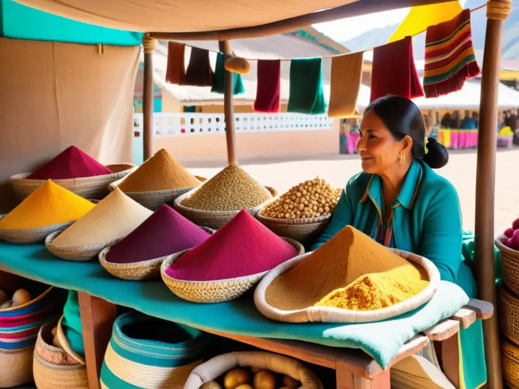 Un puesto tradicional en un mercado peruano con coloridas raíces de maca en cestas tejidas, iluminado por el cálido sol