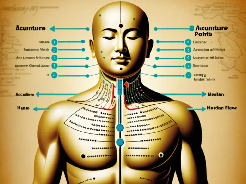 Una ilustración vintage de puntos de acupuntura en el cuerpo humano, mostrando el flujo de energía a lo largo de los meridianos