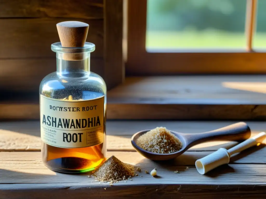 Raíces de Ashwagandha en frasco antiguo sobre mesa de madera, con mortero y pestle