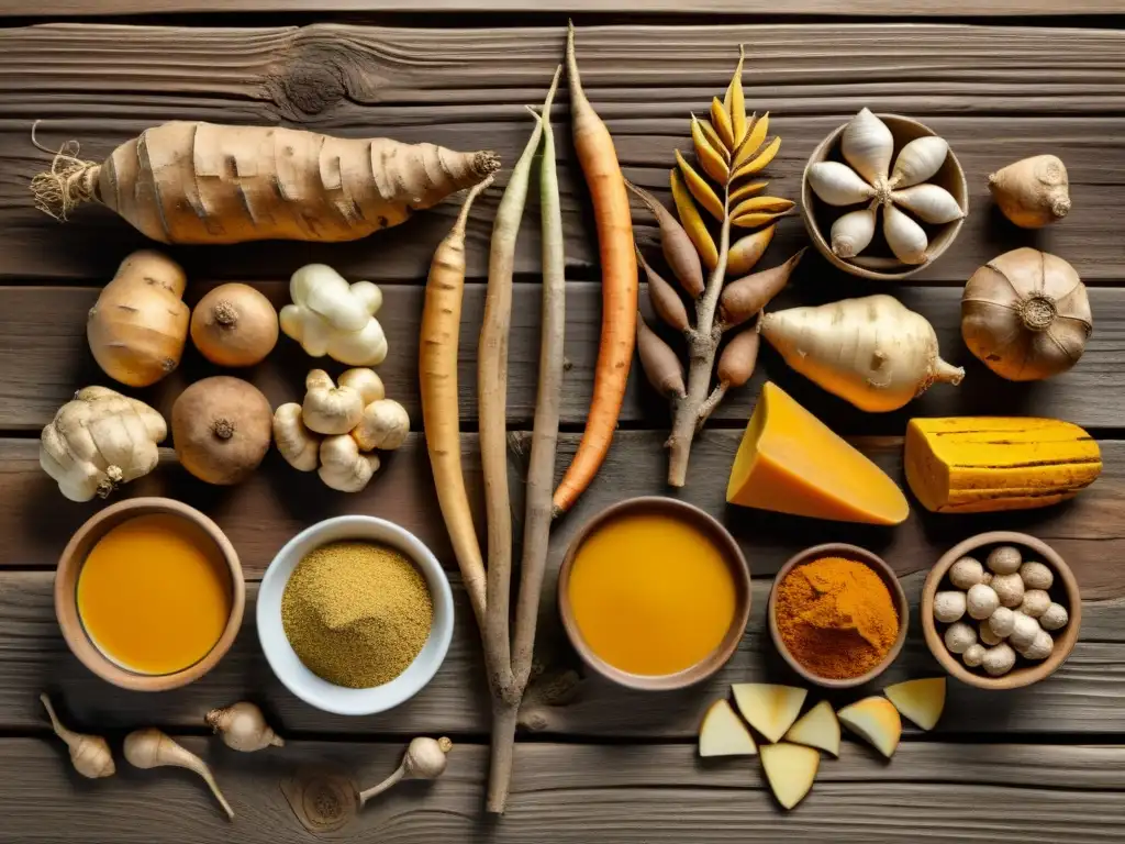 Raíces y tubérculos medicinales: historia y tradición Una ilustración vintage de raíces y tubérculos usados en medicina tradicional, como jengibre, cúrcuma, ginseng y ñame, en una superficie de madera envejecida