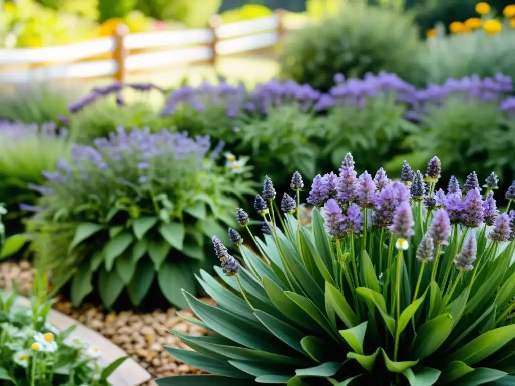 Un jardín vintage rebosante de plantas medicinales como lavanda, manzanilla y equinácea, en un diseño armonioso y estético