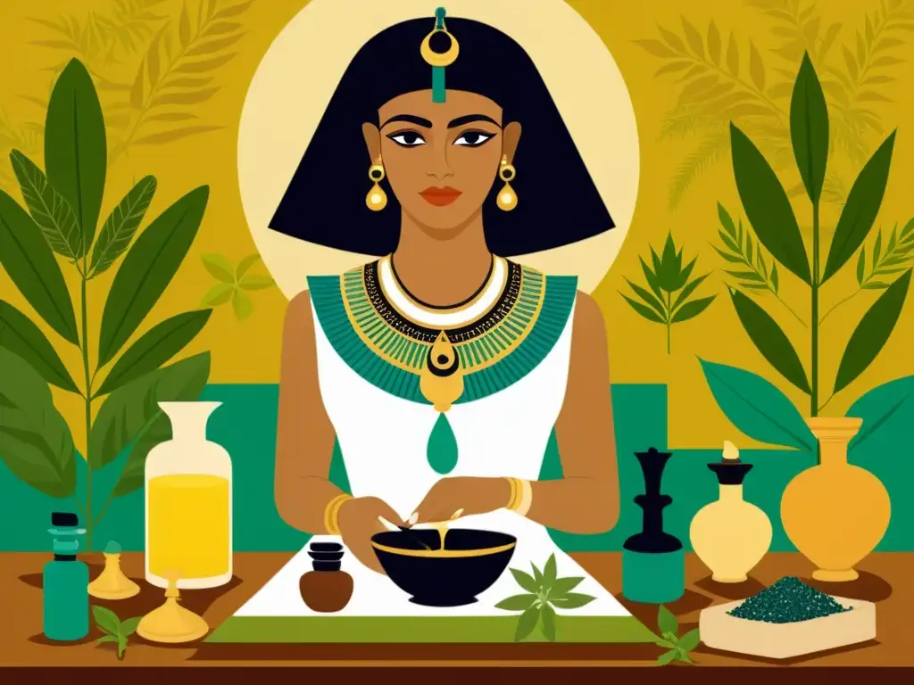 Cleopatra elabora recetas antiguas medicina tradicional con aceites esenciales y hierbas en Egipto