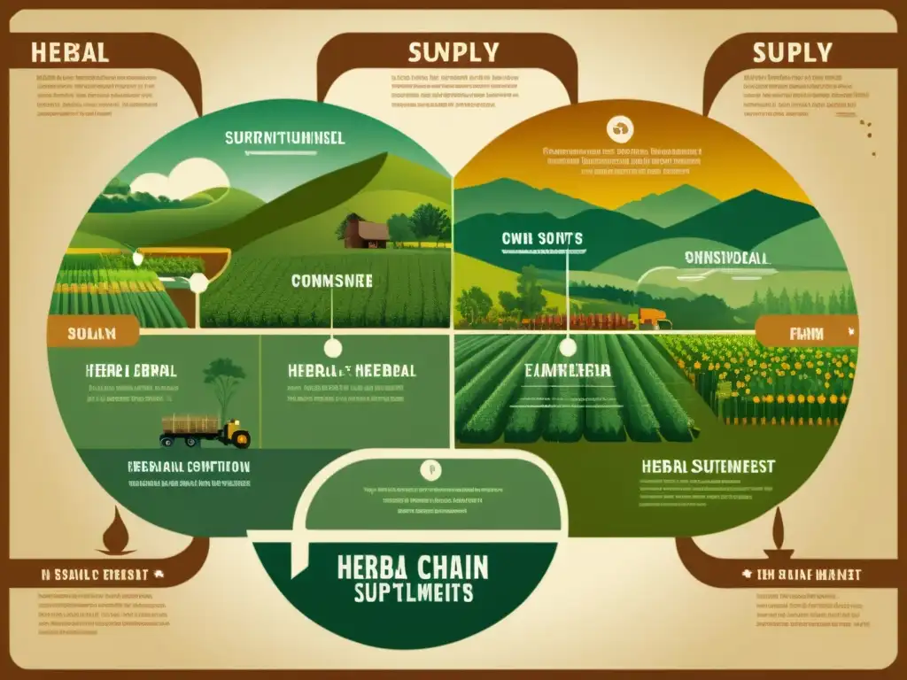 Un recorrido transparente y detallado de la cadena de suministro de suplementos herbales, evocando confianza y calidad