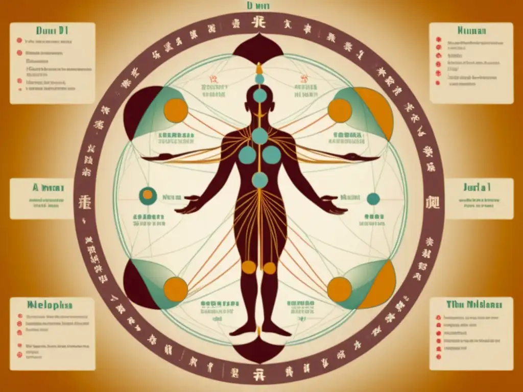Una ilustración vintage muestra la red de los meridianos Ren Mai y Du Mai en tonos cálidos, evocando conocimientos de medicina tradicional