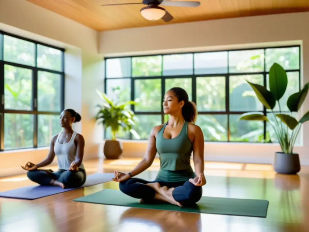 Un refugio de yoga sereno con luz natural, plantas exuberantes y un instructor guiando una clase variada