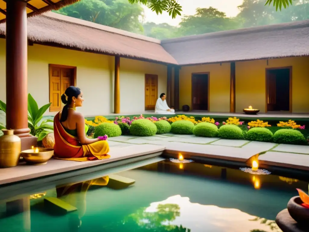 Un relajante spa Ayurvédico en India con prácticas medicina tradicional culturas, rodeado de naturaleza exuberante y arquitectura tradicional