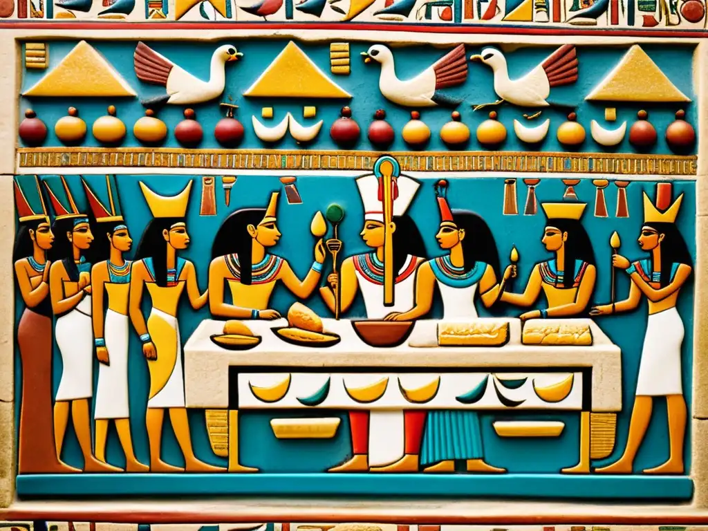 Relieve detallado de banquete egipcio antiguo, mostrando opulencia y nutrición en el antiguo Egipto