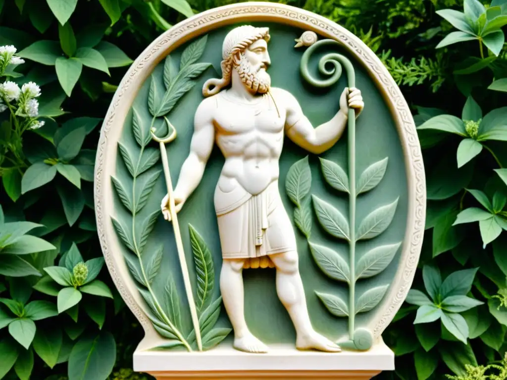 Relieve griego de Asclepio, dios de la medicina, en jardín con hierbas medicinales