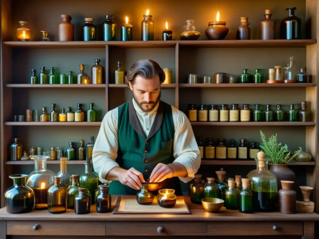 Nicholas Culpeper prepara remedios herbales en una apotecaria rústica iluminada por velas