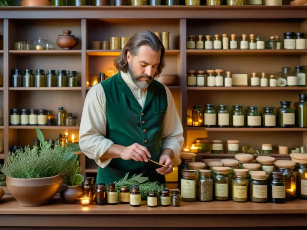 Ilustración en 8k detalla a Nicholas Culpeper preparando remedios herbales en su botica, rodeado de estantes con frascos de ingredientes botánicos