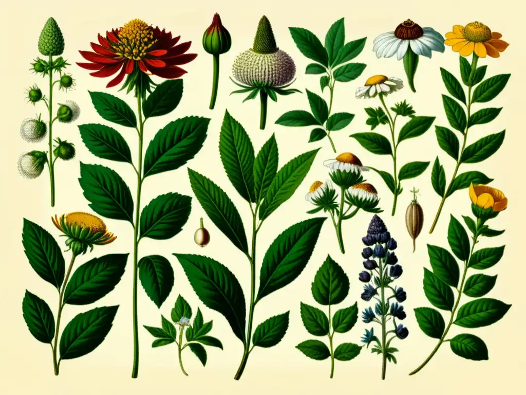 Una ilustración botánica vintage de alta resolución, mostrando una diversa variedad de plantas medicinales en colores naturales vibrantes