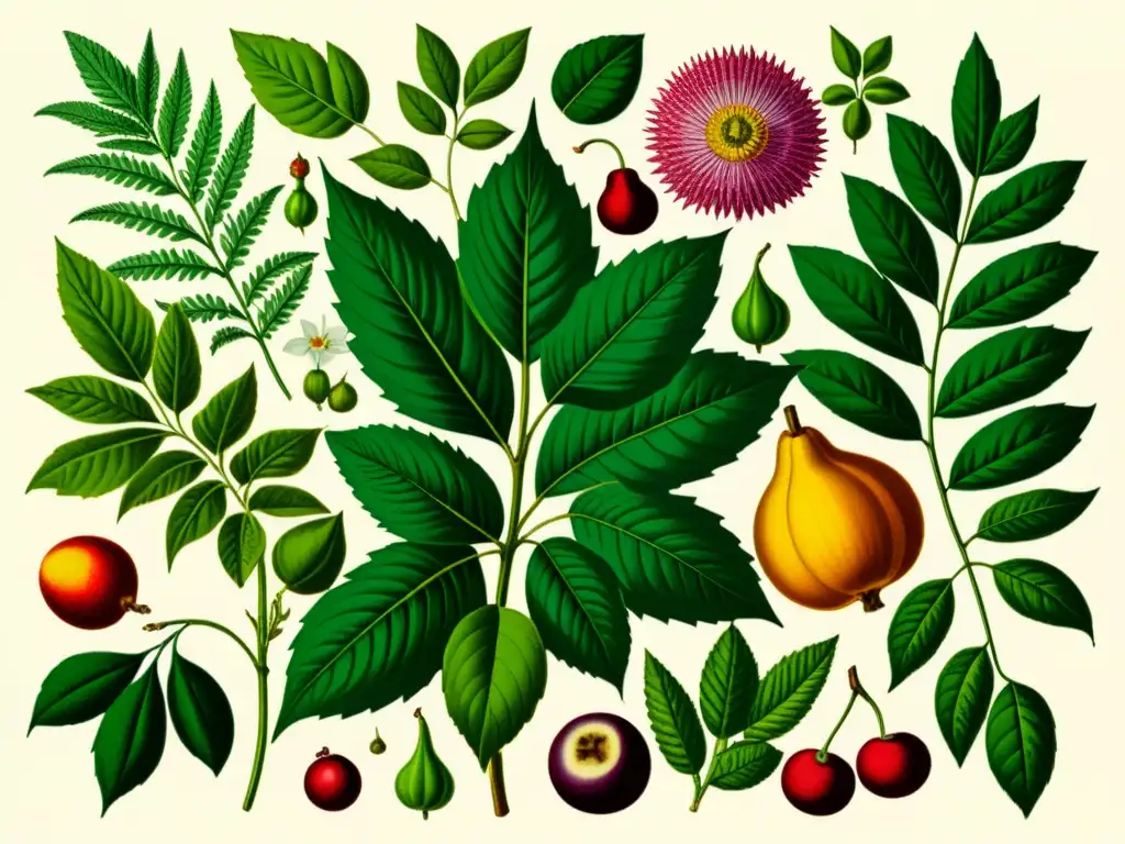 Una ilustración botánica vintage de alta resolución que destaca la diversidad de especies vegetales, con colores vibrantes y delicados detalles