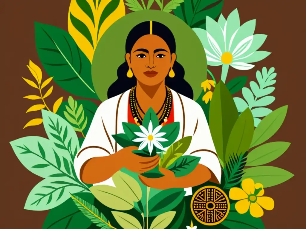 Un ilustración de alta resolución al estilo vintage de un curandero tradicional mesoamericano rodeado de hierbas medicinales