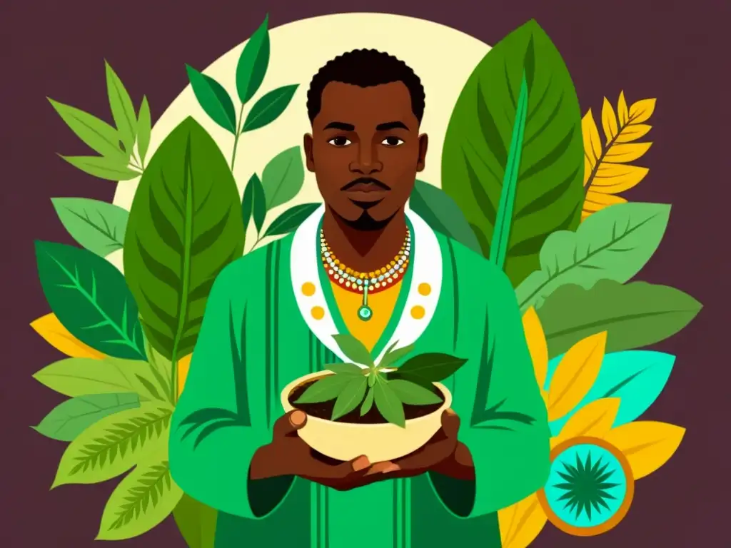 Un ilustración de alta resolución al estilo vintage de un curandero africano rodeado de hierbas e plantas indígenas, preparando remedios