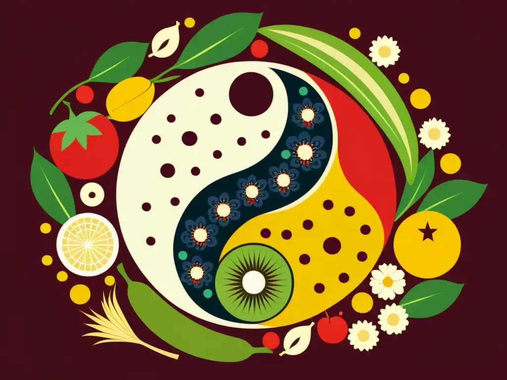 Ilustración de alta resolución estilo vintage del símbolo chino yin y yang compuesto de alimentos, con colores vibrantes y contrastantes representando el equilibrio y armonía en la medicina tradicional china