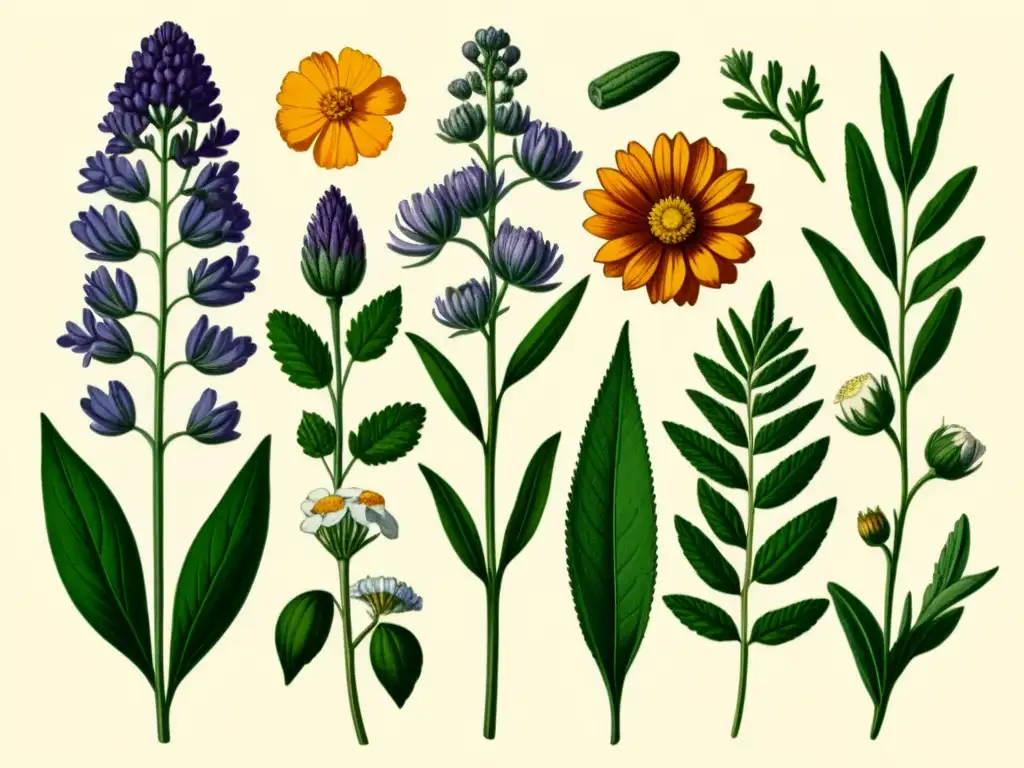 Una ilustración botánica vintage de alta resolución muestra hierbas como lavanda, manzanilla, caléndula y aloe vera