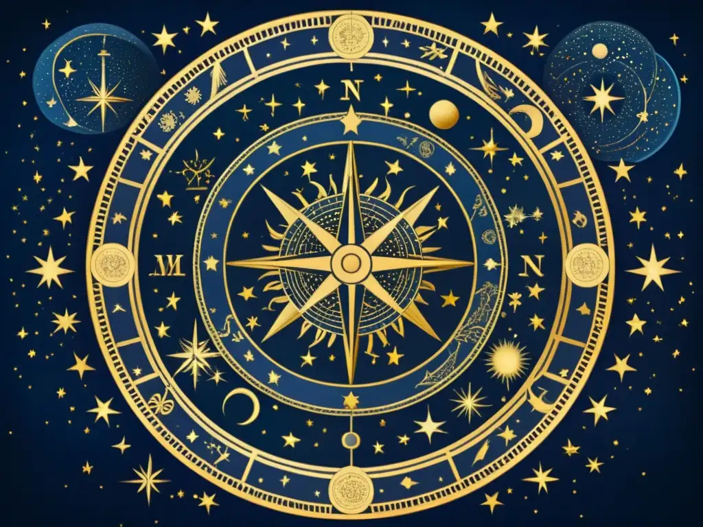 Una ilustración vintage de alta resolución de un mapa celestial, con intricados patrones de estrellas y constelaciones en un fondo azul profundo