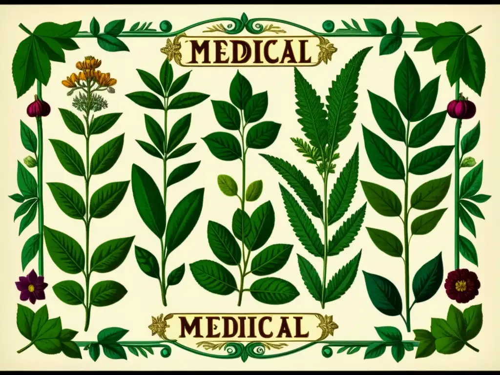 Una ilustración botánica vintage de alta resolución que representa una variedad de hierbas medicinales y plantas, detalladas y coloridas