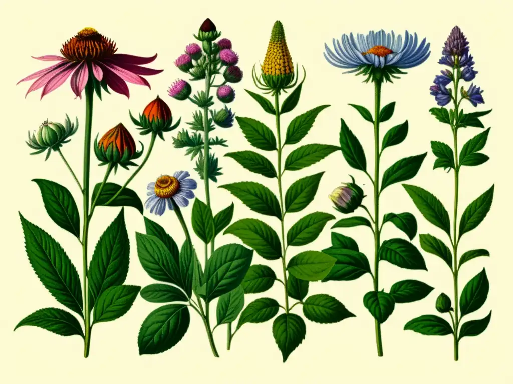 Una ilustración botánica vintage de alta resolución muestra una variedad de hierbas medicinales con colores vibrantes y texturas detalladas