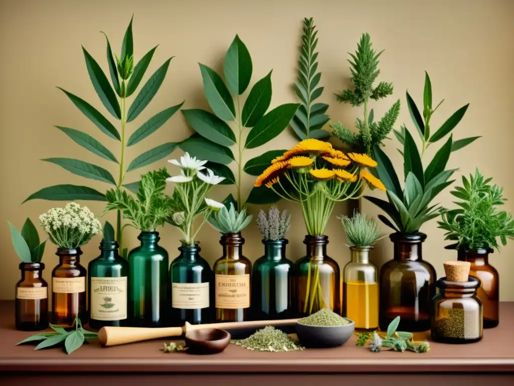 Una ilustración vintage de alta resolución muestra una variedad de plantas medicinales en un entorno de botica tradicional