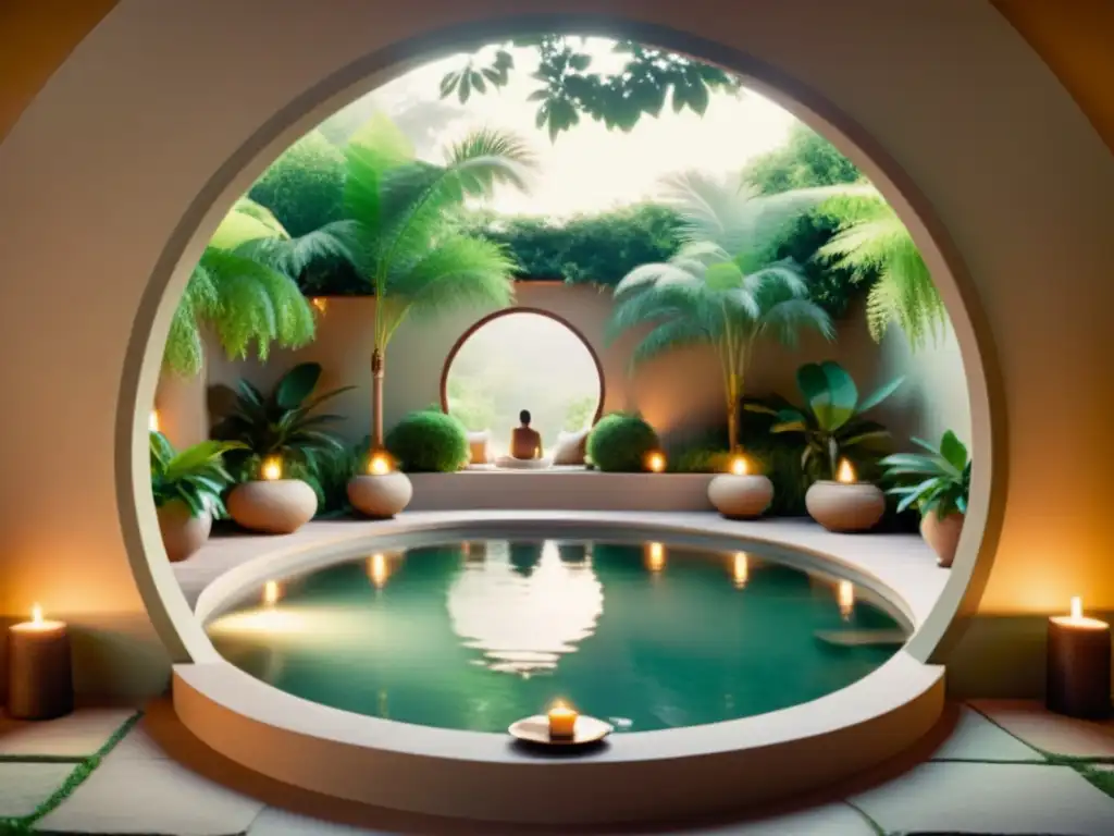 Retiro espiritual en spa vintage: serenidad y calma Un retiro espiritual en un spa vintage sereno con iluminación suave, vegetación exuberante y tonos terrosos calmantes