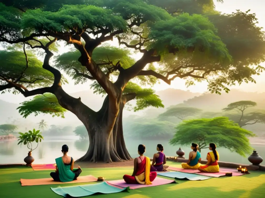 Retiro de Ayurveda en la India: escena serena de yoga bajo un árbol banyan, rodeado de naturaleza exuberante y arquitectura tradicional