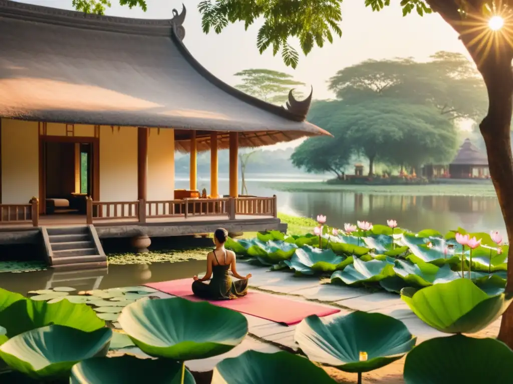 Retiro de Ayurveda en la India: Un escenario sereno con arquitectura tradicional, exuberante vegetación y un lago tranquilo con flores de loto en plena floración, donde la luz dorada crea una atmósfera acogedora y pacífica