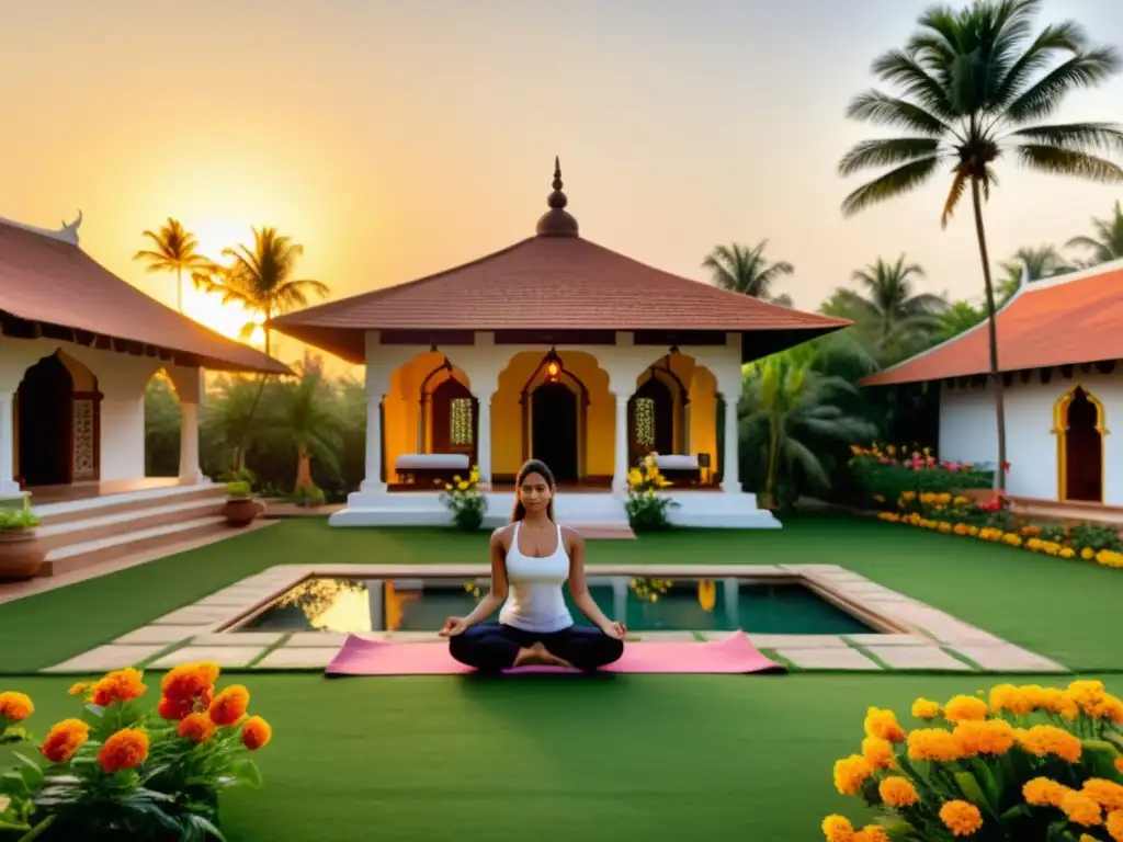 Retiro de Ayurveda en la India: Serenidad y armonía en un jardín exuberante con practicantes de yoga y meditación bajo el cálido atardecer