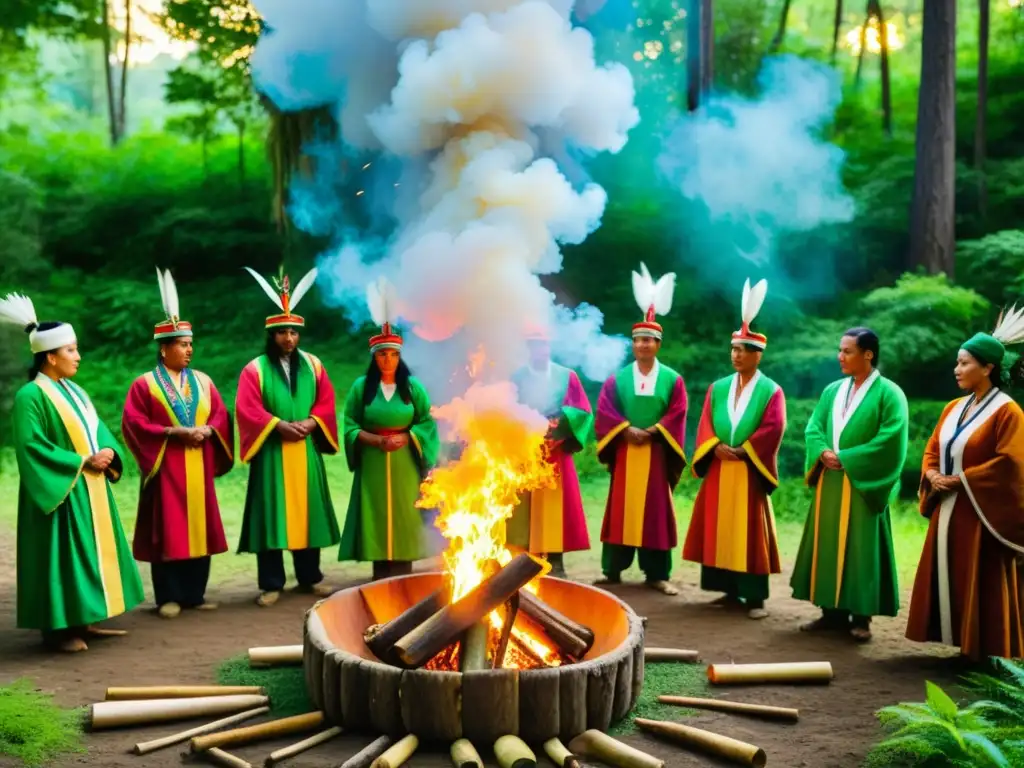 Retiro de medicina tradicional cultural en la selva: ceremonia colorida alrededor de una fogata en un bosque exuberante