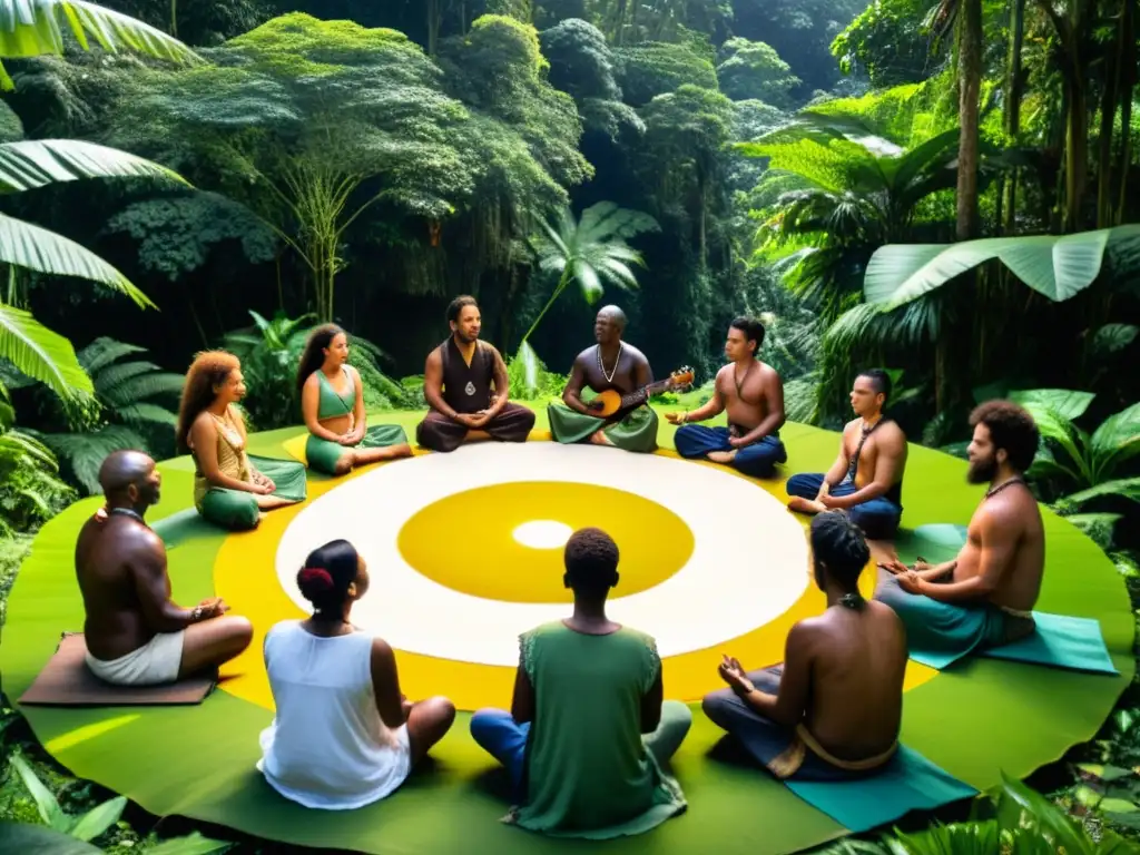 Retiro de sanación ancestral Amazonía: Ceremonia chamánica entre la exuberante selva, meditación y sabiduría ancestral en colores cálidos