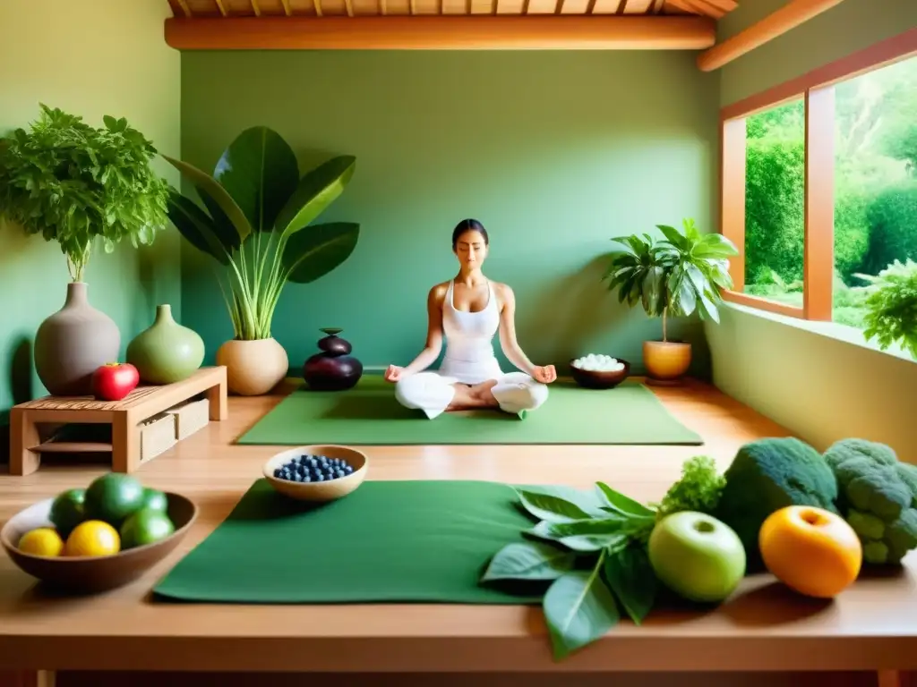 Un retiro de spa vintage con nutrición holística en medicina tradicional, yoga, meditación y frutas frescas en un entorno sereno y equilibrado