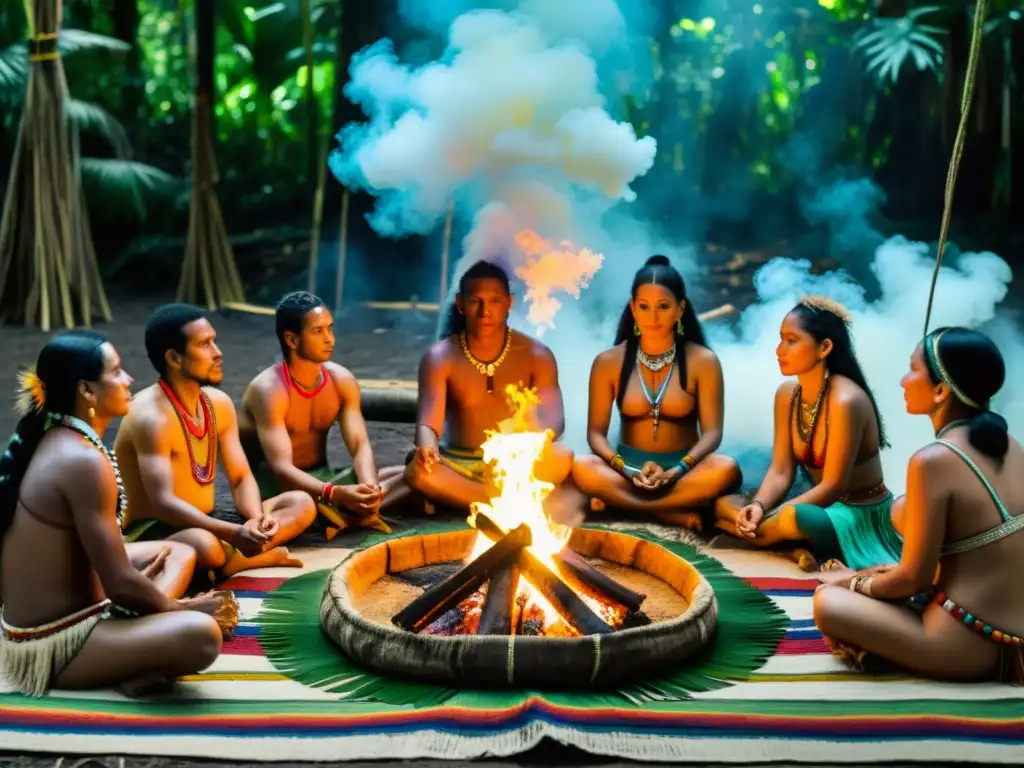 Retiros de sanación ancestral Amazonía: Ceremonia de curación en la selva con chamanes, incienso y símbolos antiguos