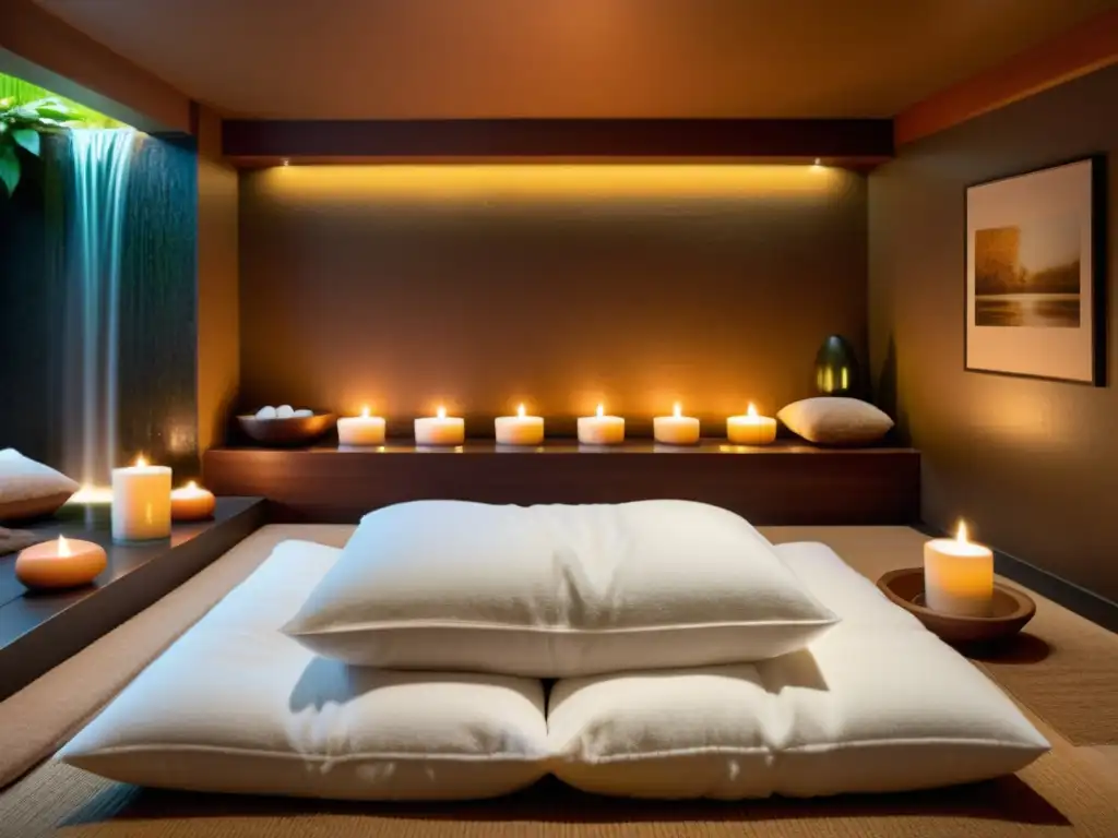 Retiro espiritual en spa vintage: meditación y relajación Retiros espirituales en spas curativos: un espacio de meditación sereno con tonos cálidos, almohadas mullidas, velas y una cascada interior