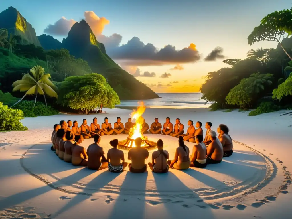 Retiros de medicina ancestral en Samoa: Ceremonia curativa tradicional al atardecer en la playa, con danzas y tambores alrededor de una fogata