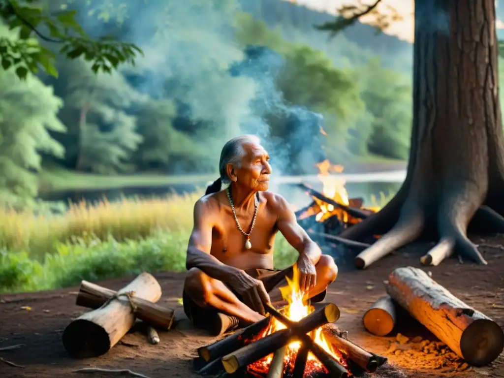 Retiros de medicina nativa americana: Sabiduría ancestral en la luz cálida del fuego, rodeado de la belleza serena del bosque